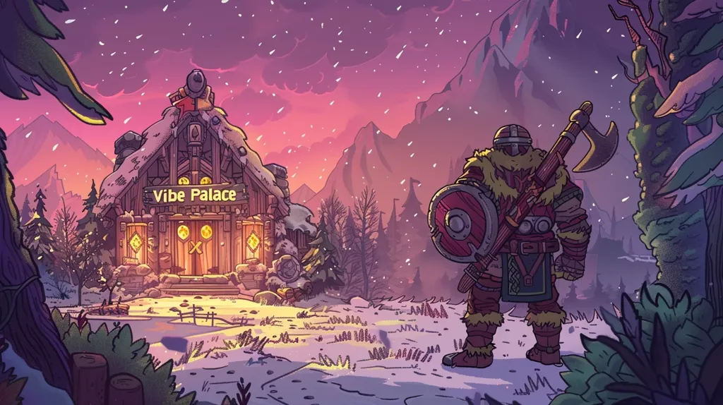 A Viking warrior stands with his shield and axe in front of a snow-covered cabin called "Vibe Palace." The cabin has windows glowing with warm light and a welcoming wooden door. The scene is set against a backdrop of a purple sunset over a mountain range with snow falling gently from the sky. The overall tone is peaceful and inviting.