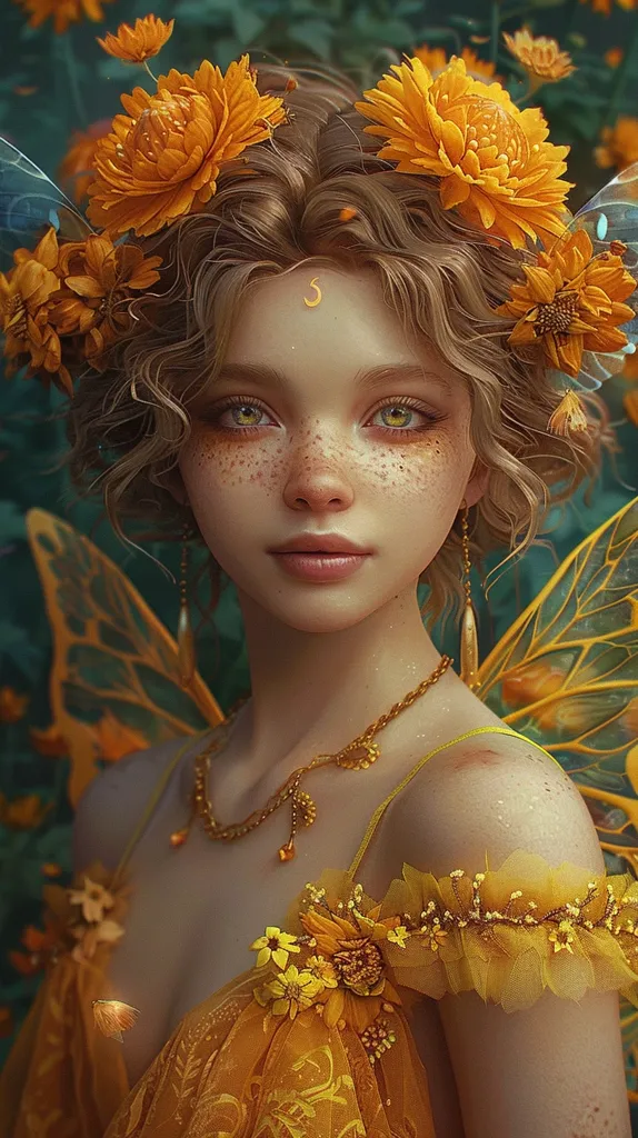 This is a beautiful illustration of a marigold fairy. It is a realistic and photorealistic depiction of a human being. She has wings on her back. It is not a doll. Vivid colors. --ar 9:16