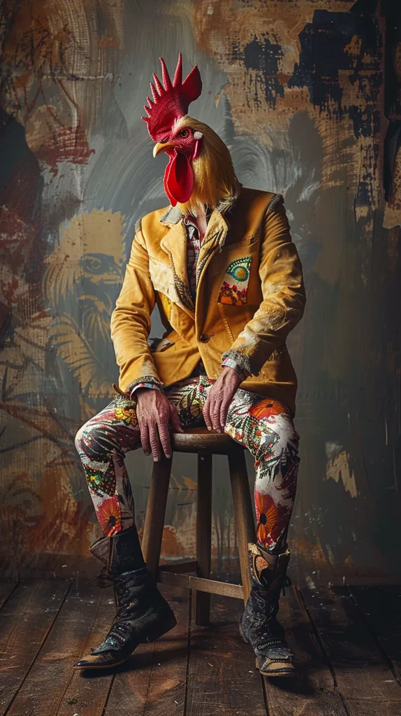A person with a rooster's head sits on a wooden stool, wearing a yellow jacket, colorful patterned pants, and black boots. The background is a textured wall with yellow, brown, and gray tones.  The image has a surreal and artistic feel. The rooster's head is looking away from the camera. The person's hand is resting on the stool, giving a sense of quiet contemplation.  The lighting is soft and natural, creating a warm and inviting mood.  The overall image is eye-catching and intriguing.