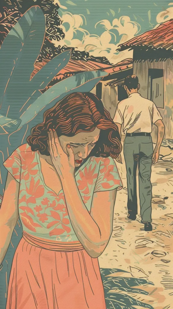 The image shows a woman with long, dark brown hair and a floral dress, standing with her head down and one hand on her face, looking distressed.  A man in a white shirt and pants walks away from her. They are in an outdoor setting with foliage and buildings in the background. The art style is a stylized, illustrated look, with bold colors and outlines. The scene appears to depict a moment of sadness or heartbreak.