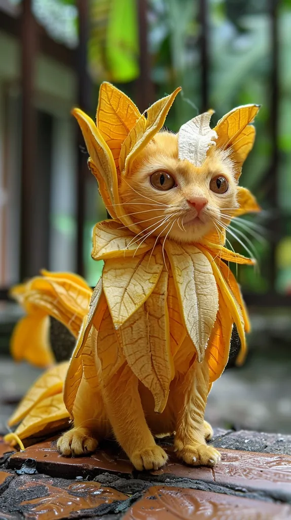 A ginger cat is wearing a costume made of dried leaves, which are primarily yellow and brown. The cat is sitting on a brick patio, with its head tilted slightly and a curious expression. The leaves are arranged in a way that resembles a cape or a mantle, giving the cat a regal and fantastical appearance. The background is blurred, focusing the attention on the cat and its unique attire.  The leaves add an autumnal touch to the image.