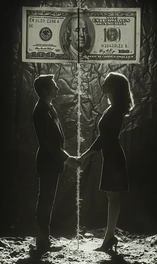The image is a black and white photograph of a man and a woman standing side by side. A single hundred dollar bill is stretched taut between them, acting as a barrier. The man is on the left, wearing a suit and looking straight ahead. The woman is on the right, wearing a dress and looking off to the side. The bill is placed in front of their hands, which are raised and reaching towards each other, almost touching. The lighting is dramatic and shadows are long, casting a sense of suspense. The background is dark and indistinct.