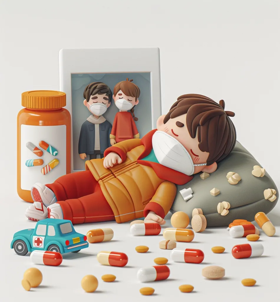 A 3D illustration depicting a sick child laying on a pillow wearing a face mask. They are surrounded by pills, a bottle of pills, a toy car, and a picture frame containing two people wearing face masks. The image conveys the feeling of sickness and the need for medication.  The child's soft expression adds a touch of vulnerability.  The image is simple and whimsical, but it effectively conveys the message of illness and recovery.