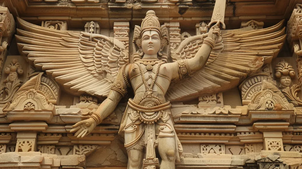 A stone sculpture of a winged deity with a sword, adorned with intricate jewelry and a crown. The figure is carved into the wall of a temple, with detailed carvings of feathers on the wings and elaborate patterns around the figure. The sculpture is a testament to the skill and artistry of ancient stone carvers.  The weathered stone suggests a long and storied history.  The image likely represents a Hindu deity, but the specific deity is not immediately clear.