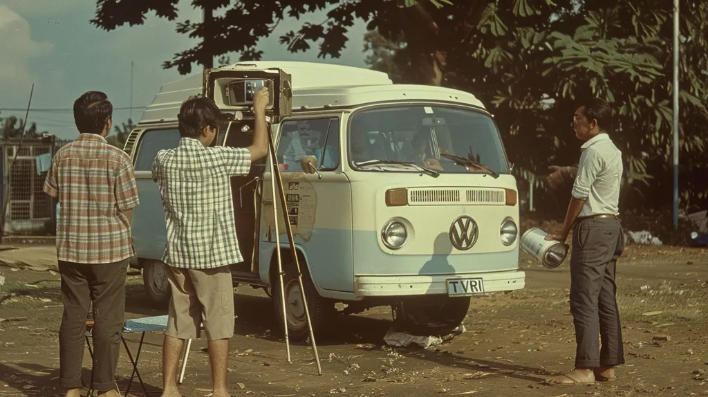Three men stand beside a white Volkswagen van. The man on the right is holding a can in his hand.  The man in the middle is holding a large camera on a tripod.  The man on the left is looking towards the camera.  The van has a "TVRI" license plate.