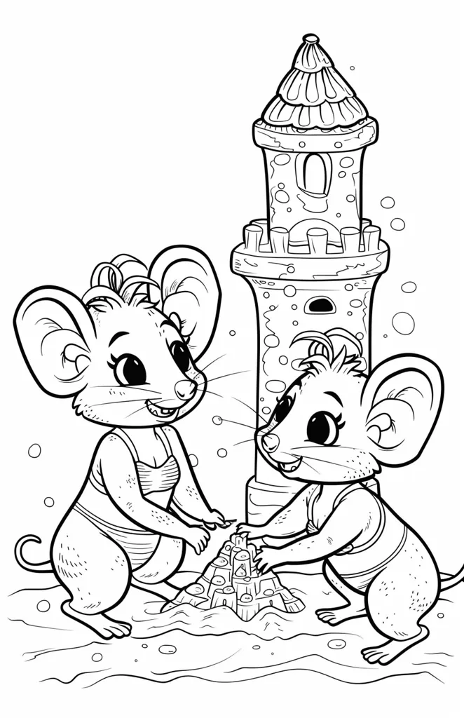 Two cartoon mice, wearing swimsuits, build a sandcastle next to a sandcastle tower on a beach. The mice are both smiling and look happy to be playing together.  The picture is outlined in black and white.