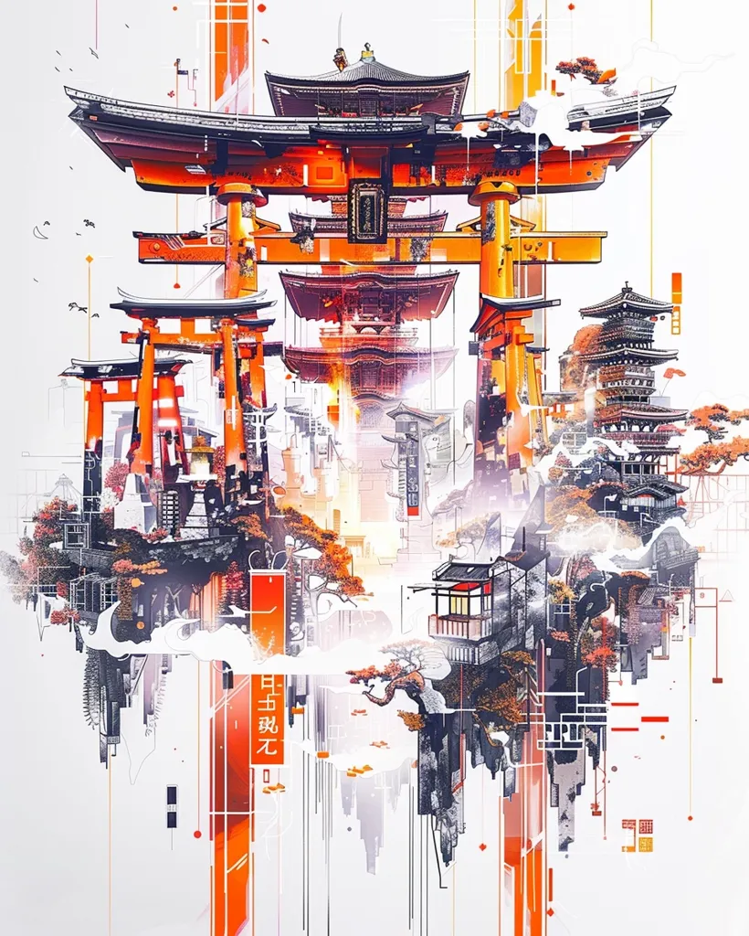 The image is a vibrant and abstract depiction of a traditional Japanese cityscape. A large, ornate torii gate dominates the center, with multiple smaller gates layered behind it. The scene is enveloped in a hazy, ethereal atmosphere, with trees and buildings seemingly floating on clouds. Geometric lines and shapes in red, black, and white add a modern and futuristic element to the composition. The overall effect is one of dreamlike wonder and cultural fusion.
