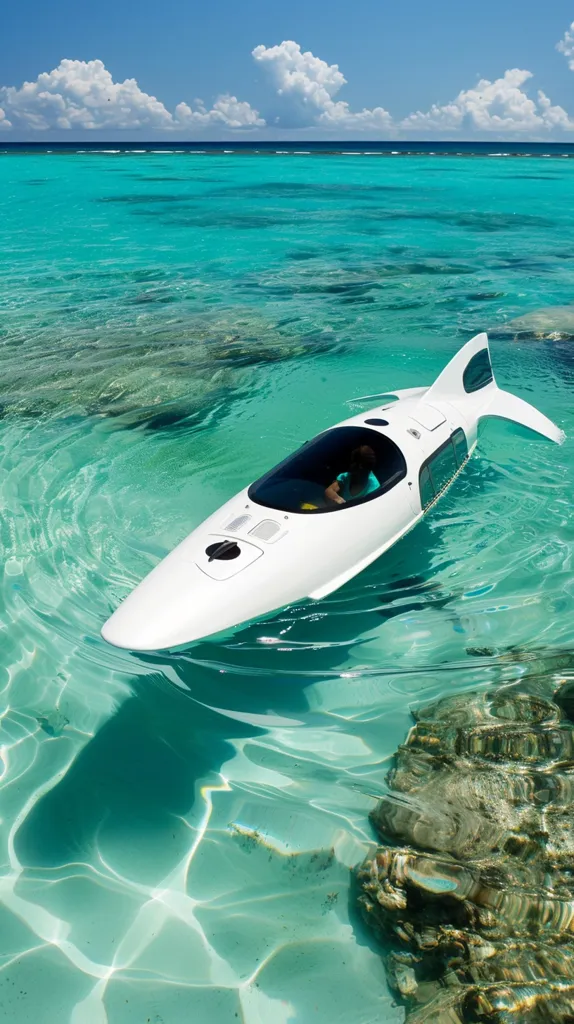 A white, futuristic-looking boat, resembling a dolphin, glides through crystal-clear turquoise waters. The boat has a large window that reveals a passenger inside, enjoying the scenic beauty. The shallow, azure water shimmers with sunlight, reflecting off the sandy bottom. A couple of clouds float across the bright blue sky, adding to the idyllic tropical setting.