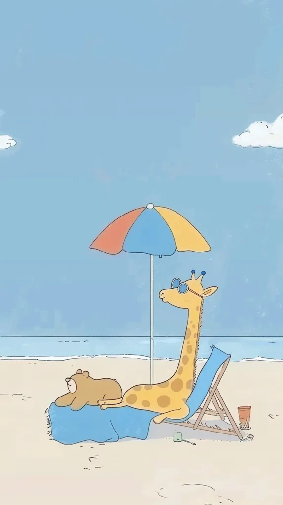 A giraffe wearing sunglasses sits on a beach chair under a colorful beach umbrella.  A bear is lying on a blue towel beside the giraffe, enjoying the sun. The scene is set on a sunny beach with clear blue skies and white clouds. The cartoon style illustration suggests a fun and carefree atmosphere.