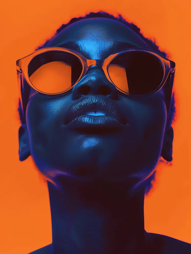 A close-up of a person's face. The person is wearing sunglasses and has their head tilted back. The person's skin is illuminated in a vibrant blue light, and the background is a bright orange. The image is a strong contrast of light and color.