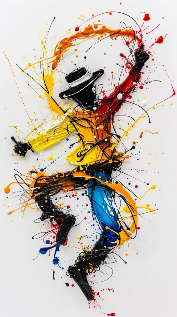A dynamic abstract painting of a person in a black hat and yellow, blue, and red clothing. The figure is depicted in mid-air, with splashes of paint forming the body and limbs. The background is white with black lines extending out from the figure, creating a sense of motion and energy.