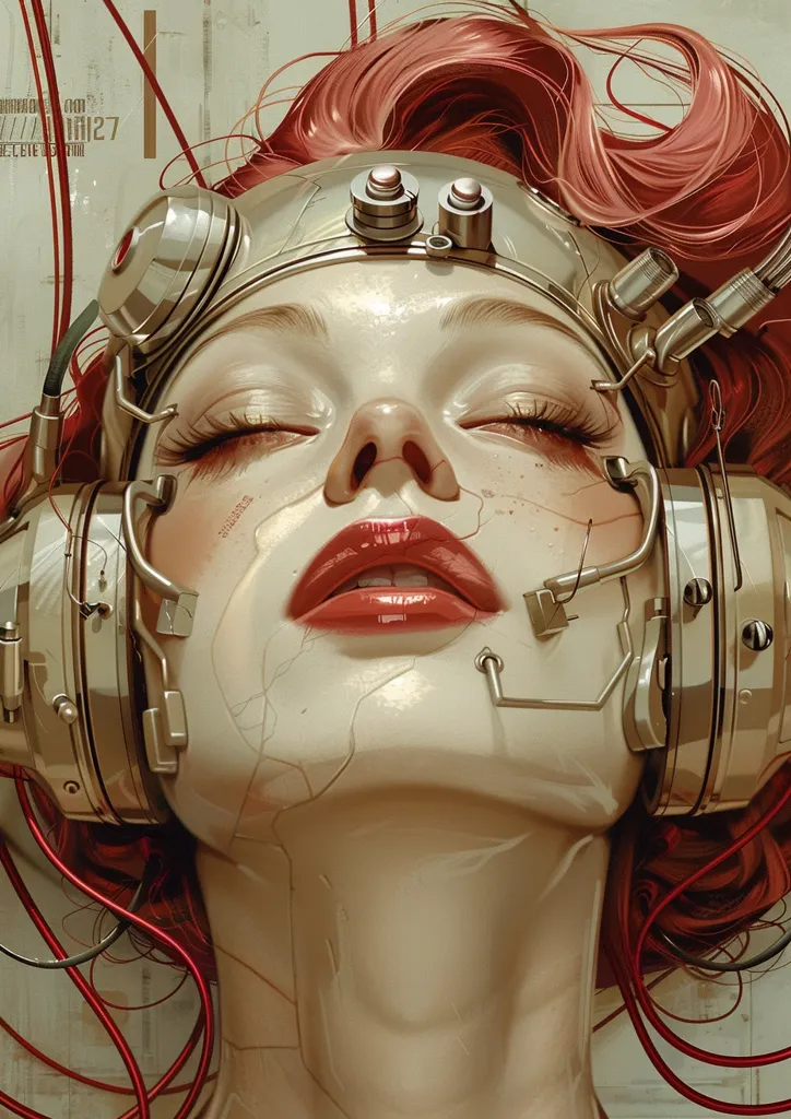 A woman with red hair is wearing a futuristic headset. Her eyes are closed and she has red lips. The headset is made of gold metal and has wires coming out of it. The background is blurry and has a metallic texture. The image has a cyberpunk aesthetic.