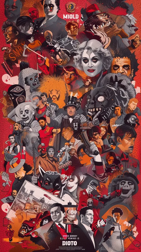 The image is a collage of many characters, most of them are wearing suits and hats. It is dark and stylized. The color scheme is red, black, white, and yellow. The text reads, "Whim  Sidney Lleo Von He is Dioto". It appears to be a promotional image for a horror film or television series.