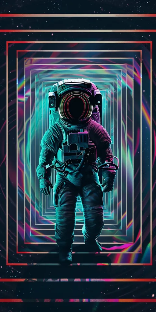 The image depicts an astronaut standing in a surreal, colorful, and futuristic setting. The astronaut is wearing a white space suit with a black helmet, and the background is composed of a series of neon-colored squares that seem to be moving in a vortex. The image creates a sense of mystery and wonder, as if the astronaut is exploring an unknown and exciting place. The vibrant colors and geometric shapes create a visually striking and thought-provoking image.