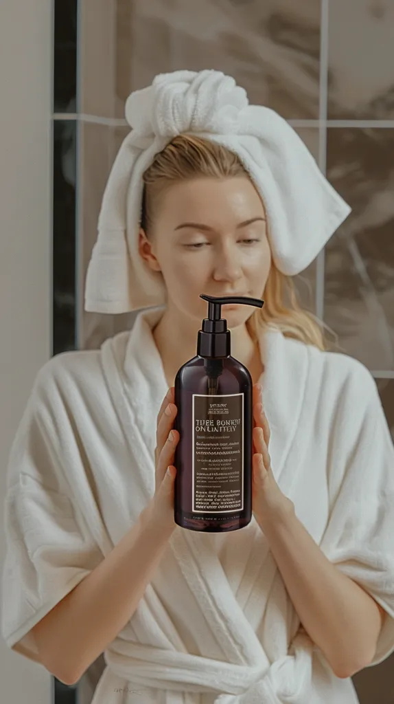 A woman in a white bathrobe and a white towel wrapped around her head is holding a bottle of body wash. She is looking at the bottle, which is brown and has a gold label with the words "The Moment On Limitly" on it. The woman is in a bathroom, and the background is tiled.  She is about to use the body wash.