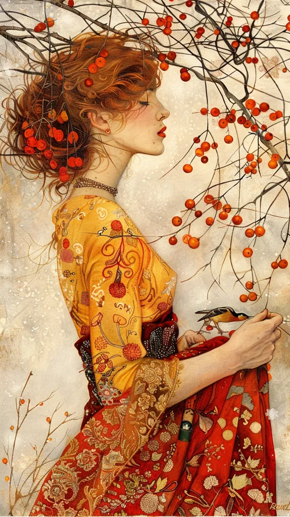 A woman with long red hair is dressed in a yellow and red patterned dress. She is standing amongst a bare tree branch with small red berries. Her hand is extended towards a small bird perched on the branch. The background is a light beige color with a subtle texture. The image creates a sense of autumnal beauty and serenity.