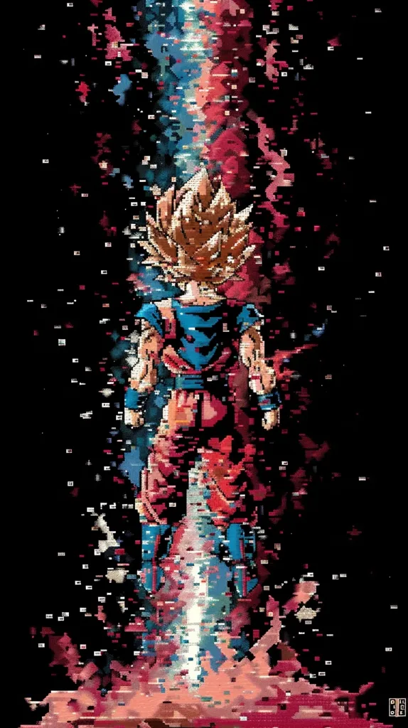 The image depicts a pixelated figure of a character from the anime Dragon Ball Z. The character is in a fighting pose, with his arms outstretched and his legs spread apart. The background is a swirling mass of red and blue pixels, which creates a sense of energy and motion. The character's hair and outfit are rendered in a highly stylized way, with sharp lines and bold colors. The overall effect is one of power and intensity.