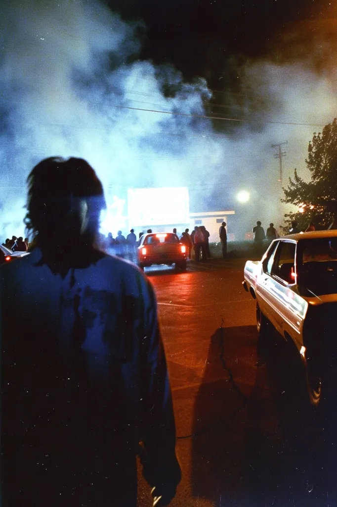 A person stands in the foreground, silhouetted against a background of a drive-in movie theater. The screen is illuminated, and there are several cars parked in the lot. The sky is filled with thick, white smoke, obscuring the surrounding buildings. The scene is bathed in a warm, red light, creating a nostalgic and slightly eerie atmosphere.