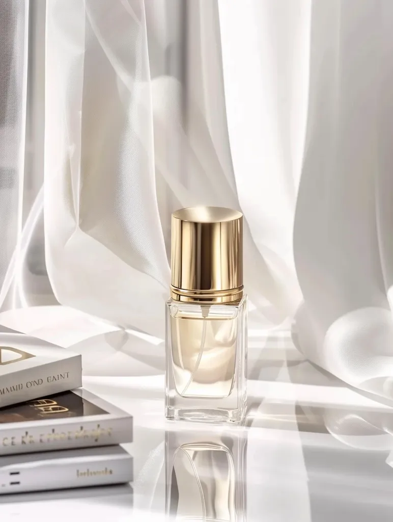 A glass bottle of perfume with a gold cap sits on a white surface. The bottle is partially filled with a clear liquid and is surrounded by white fabric that creates soft folds and shadows. The bottle is reflected in the surface, adding to the minimalist and elegant aesthetic.