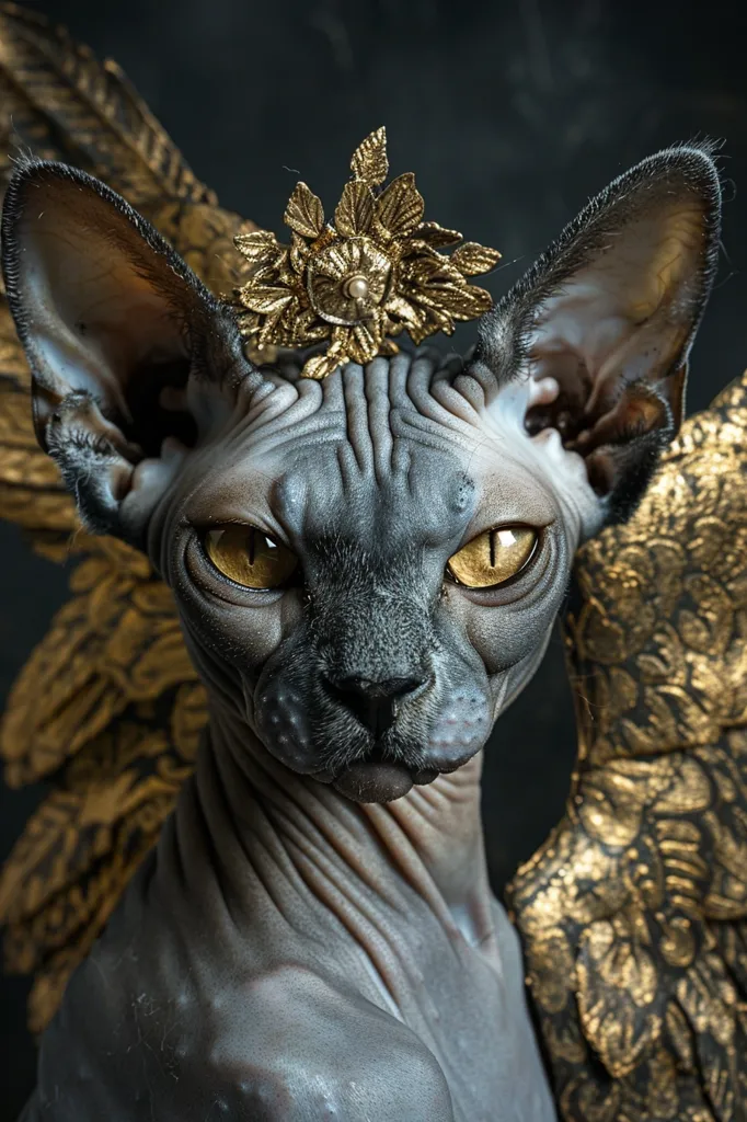 A Sphynx cat with a golden crown sits in a regal pose, its piercing yellow eyes gazing directly at the viewer. The cat's wrinkled skin and lack of fur give it an otherworldly appearance. The background is obscured by a shimmering golden fabric that resembles wings, adding to the cat's majestic aura. The image captures the cat's unique beauty and mysterious charm.