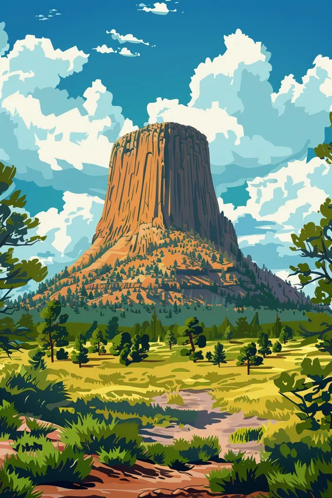 A tall, rocky mountain rises against a bright blue sky with fluffy white clouds. The mountain is a striking orange and brown, with a few trees scattered around its base. In the foreground, lush green grass and trees create a peaceful scene. The image evokes a sense of nature's grandeur and beauty.