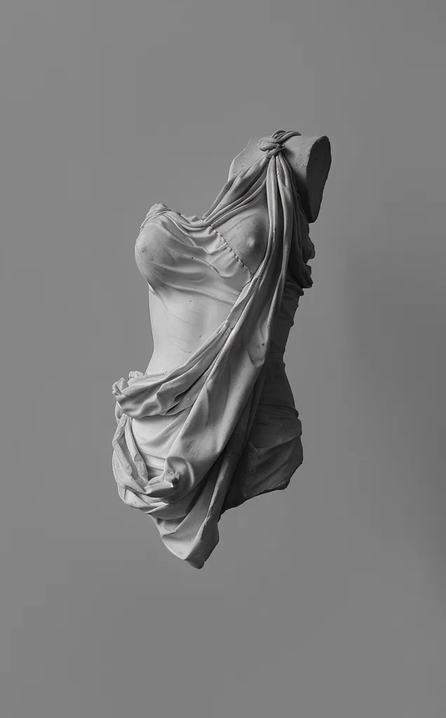The image shows a black and white photograph of a marble sculpture of a woman's torso. The sculpture is draped in a loose garment that falls in soft folds around her body. The sculpture is isolated against a plain background, which allows the viewer to focus on its detailed form. The photograph captures the beauty and elegance of the sculpture, highlighting the artist's skill in capturing the human form. The image evokes a sense of classical art and the enduring power of beauty.