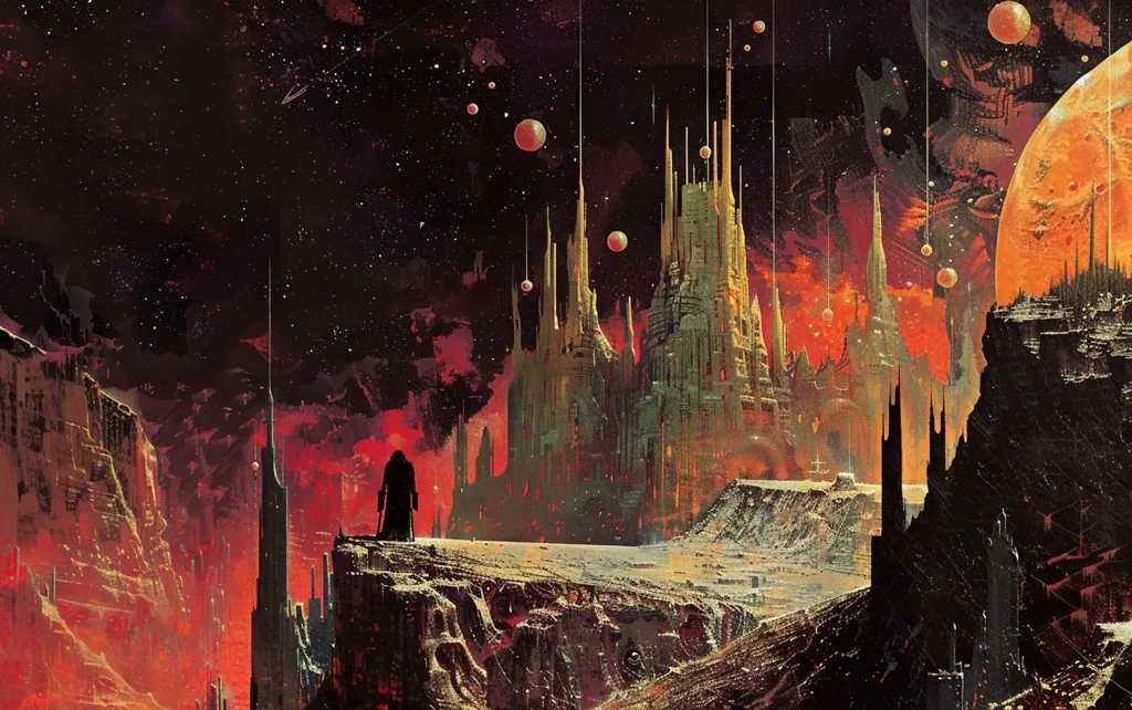 A lone figure stands on a cliff overlooking a vast, alien landscape. A massive, spired city rises in the distance, bathed in the glow of an orange planet. The sky is a canvas of swirling reds and blacks, studded with stars and glowing orbs. The scene evokes a sense of isolation, mystery, and wonder.