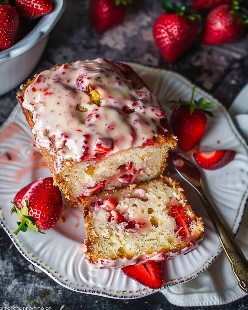 A white plate holds two slices of strawberry loaf cake topped with white glaze. The cake is filled with fresh strawberries and has a soft, fluffy texture.  The plate is surrounded by fresh strawberries, adding to the vibrant and delicious scene. The image highlights the freshness and sweetness of the cake.