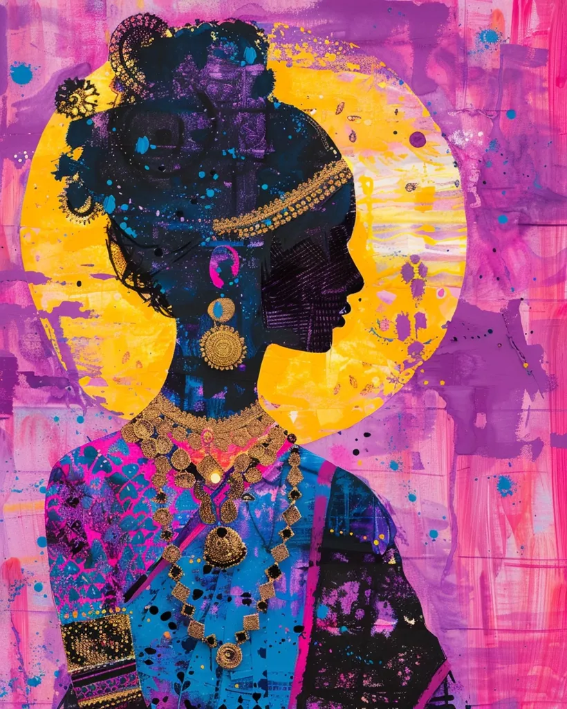 The painting depicts a woman's silhouette in profile, adorned with elaborate jewelry and a colorful patterned garment. The backdrop is a vibrant mix of pink, yellow, and purple hues, suggesting a sunset or sunrise. The woman's face is obscured, adding an element of mystery to the artwork.  The painting is abstract and stylized, focusing on the beauty of the woman and the richness of her attire. The contrasting colors and textures create a dynamic visual experience.