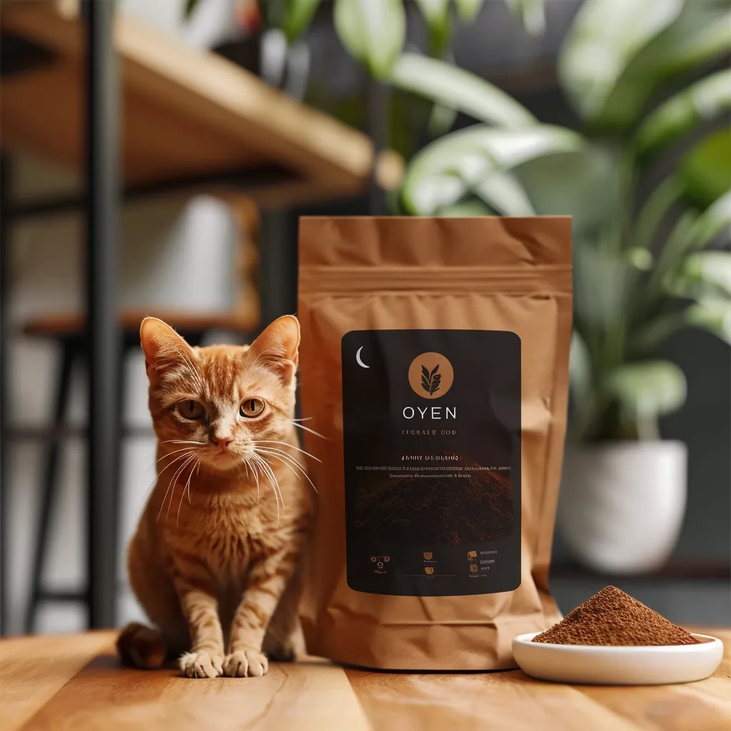 A ginger cat sits on a wooden table next to a brown bag of "Oyen" coffee. The bag has a black label with a crescent moon and a logo. The cat is looking at the camera with a curious expression. In front of the bag is a white bowl filled with ground coffee. The background features a blurry image of a plant.