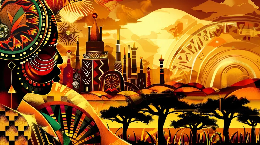 The image is a vibrant and abstract depiction of an African landscape. A stylized portrait of a woman with geometric patterns adorns the left side. The background showcases a city skyline, with tall buildings and intricate details, set against a warm, sunset-like sky. The scene evokes a sense of cultural richness and tradition.