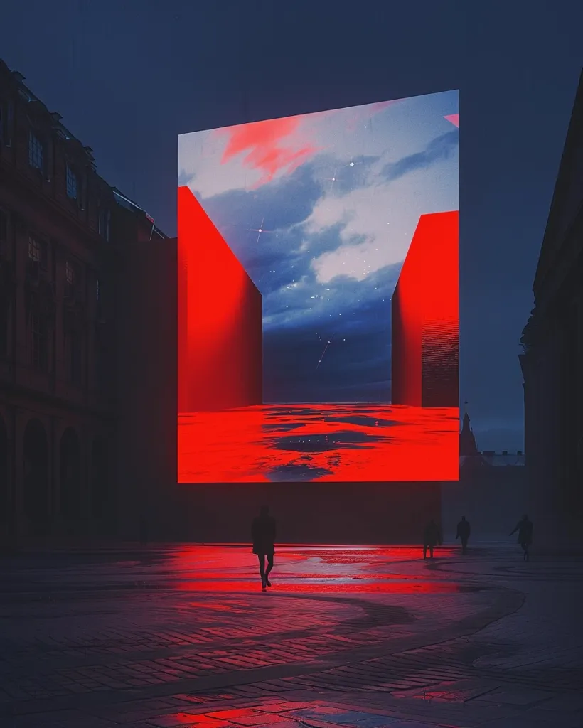 A large, glowing red rectangular structure stands in a city square, casting a warm light on the surrounding buildings and a few silhouetted figures walking below.  The structure's surface displays a vibrant image of a cloudy sky with a few scattered stars.  The scene evokes a sense of mystery and intrigue.
