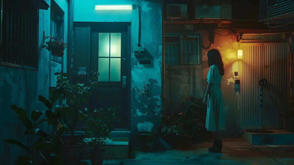 A woman in a blue dress stands in a dimly lit alleyway. She faces away from the camera, and the alley is flanked by two buildings. The building to the left has a door with a frosted glass pane, and the building to the right has a door with a metal grate. The alley is illuminated by a streetlight and a fluorescent light above the door to the left. There are plants growing in pots against both buildings.