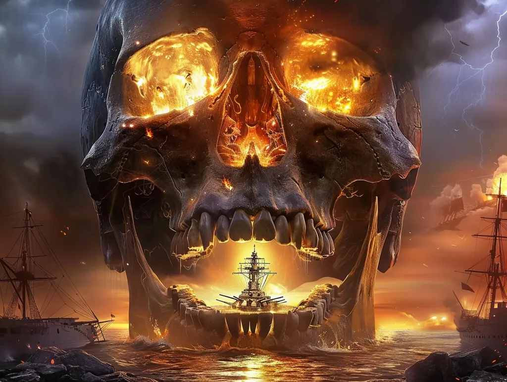 A colossal skull, its eyes blazing with fiery light, looms over a stormy sea. The skull's mouth is agape, revealing a cavernous maw that swallows a warship whole.  Two more ships sail in the distance, dwarfed by the skeletal giant, emphasizing the immense scale of the skull. The scene evokes a sense of power, danger, and the inevitable fate of those who venture into the skull's domain.  Lightning crackles in the sky, adding to the ominous atmosphere.  The overall image is a dramatic and awe-inspiring spectacle.