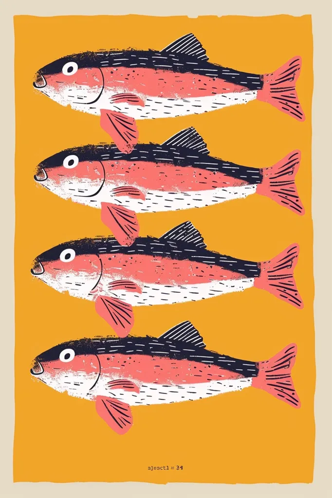 The image features four stylized fish against a yellow background. The fish are pink and white with black outlines and fins. They are arranged in a vertical line, with their tails pointing to the right. The fish have a simple, graphic design and are reminiscent of folk art. The image is a playful and colorful depiction of marine life.
