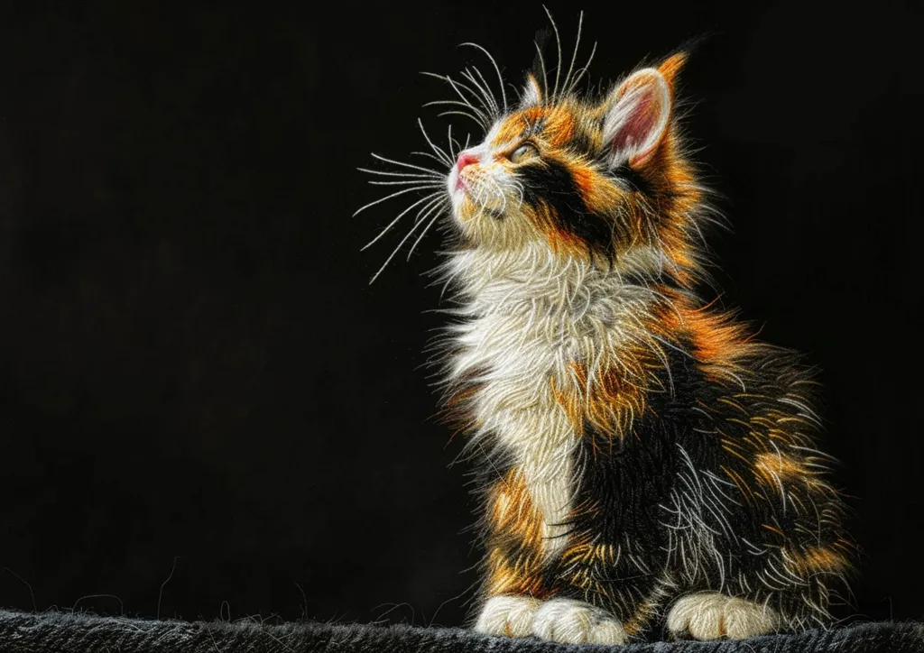 A calico kitten with long, white whiskers sits on a black surface, looking up towards something off-camera. It has a fluffy coat of black, orange, and white fur, and its eyes are bright and alert. The dark background highlights the kitten's bright coloring and creates a sense of mystery.  The kitten's body is slightly hunched, and its tail is curled up behind it.