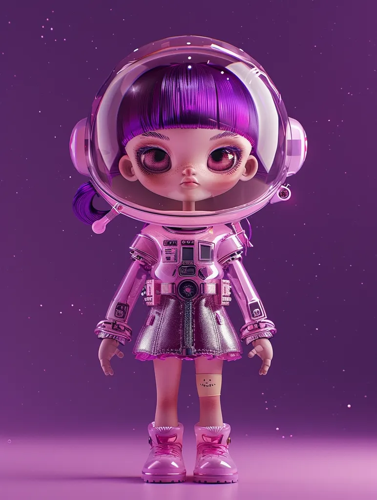 A digital illustration of a cute, anime-style doll wearing a pink astronaut suit and helmet. She has bright purple hair, large eyes, and a small, delicate face. She is standing on a purple background, with a few white dots scattered around. Her outfit is decorated with shiny metal details, and her shoes are pink and shiny. The overall aesthetic is playful and futuristic.