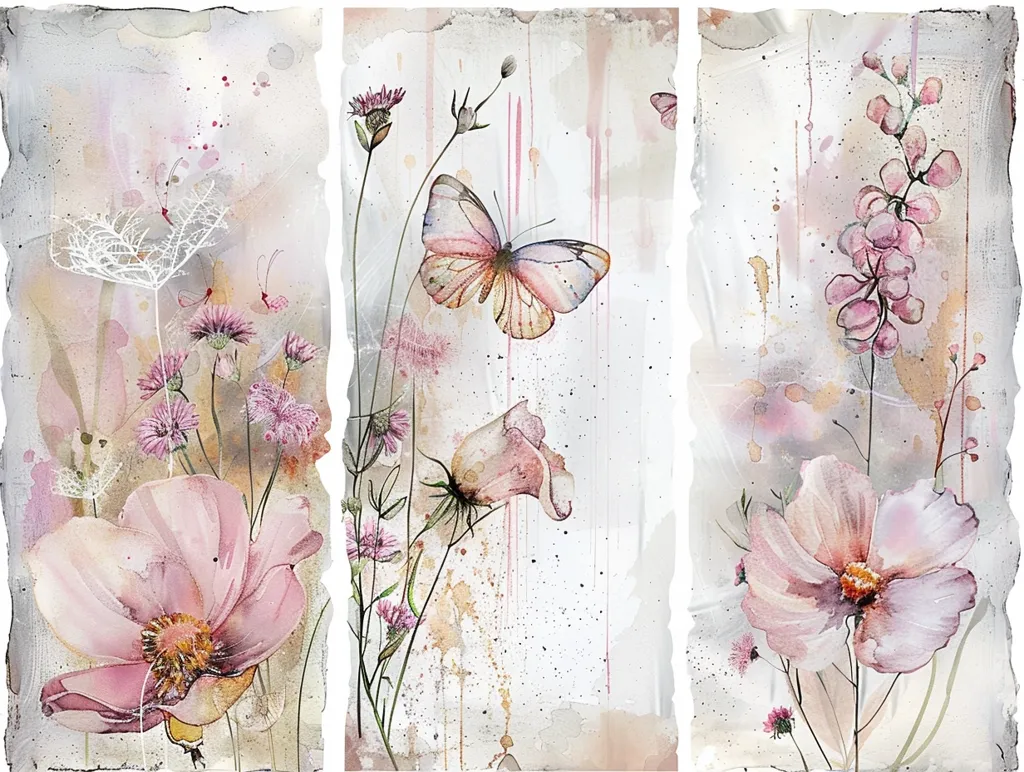 The image depicts a watercolor painting of a delicate floral arrangement. Three panels, each with a torn edge, showcase a variety of pink flowers, delicate stems, and a lone butterfly. The background is a soft, faded white with subtle watercolor washes, creating a dreamy and romantic atmosphere.