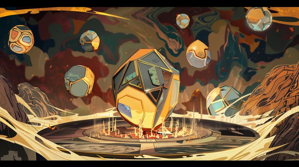 A large, golden, geometric orb sits in the center of a circular platform, surrounded by flames. Several smaller orbs of the same design float around it, against a backdrop of swirling, abstract patterns in earthy tones. The image evokes a sense of mystery and power.