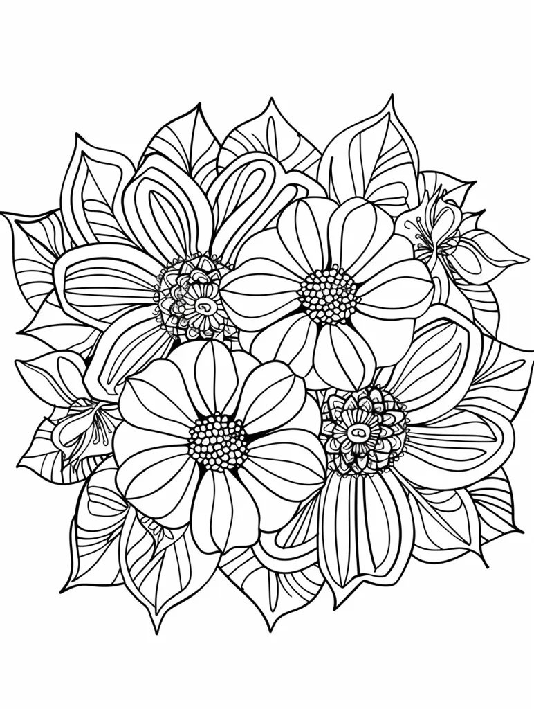 The image is a black and white illustration of a bouquet of flowers. The flowers are intricately drawn with detailed petals and leaves. They are arranged in a circular formation, with the largest flower in the center. The image has a whimsical and elegant feel, perfect for a coloring book page.