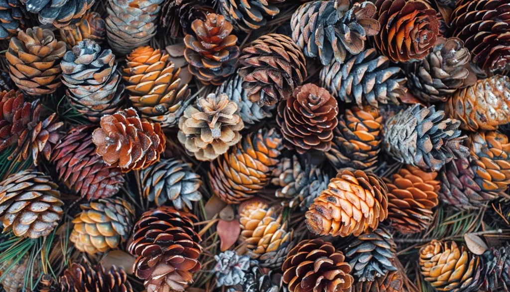 A close-up shot of a collection of pine cones, showcasing their intricate scales and various shades of brown, gray, and orange. The cones are arranged haphazardly, creating a textural and visually appealing composition.  The soft focus highlights the natural beauty of the pine cones.