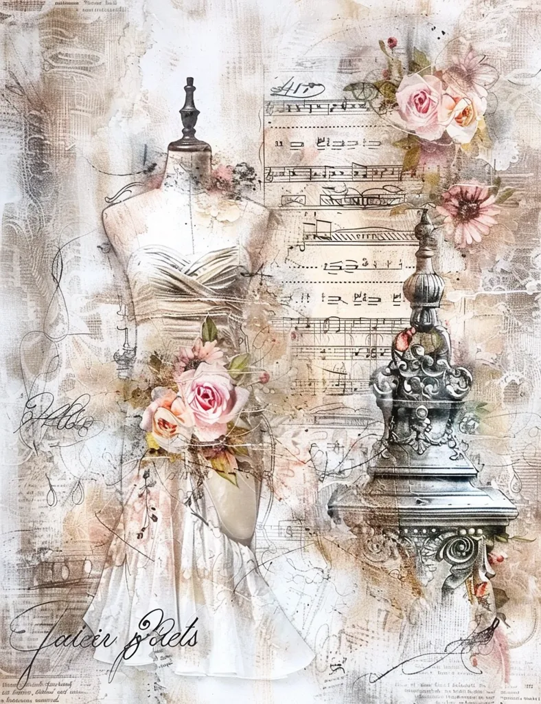 The image is a vintage-inspired collage featuring a white dress draped over a mannequin.  The background is a mixture of faded music sheets, floral patterns, and distressed textures.  Roses and other flowers are scattered throughout the composition, adding a romantic and whimsical touch. The overall effect is elegant and ethereal.