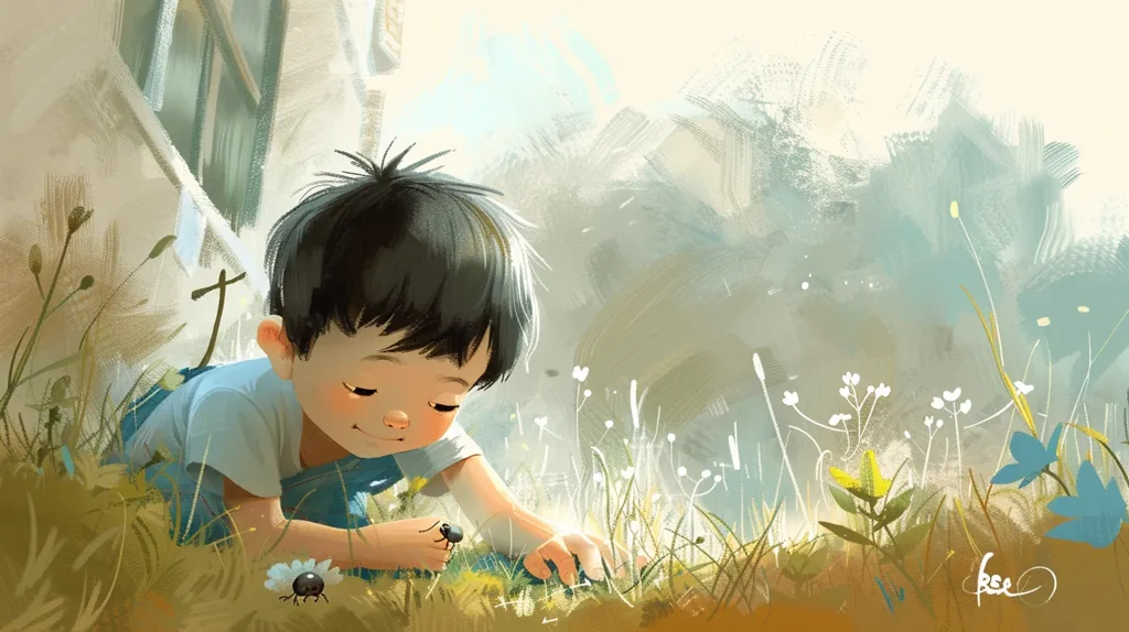 A young boy with short black hair is lying in a field of tall grass and small white flowers. He is looking down at a small insect he is holding in his hand.  The sun is shining brightly, casting a warm glow over the scene. The boy's expression is one of curiosity and wonder, as if he is discovering the beauty of the natural world. The image captures a sense of innocence and childhood joy.