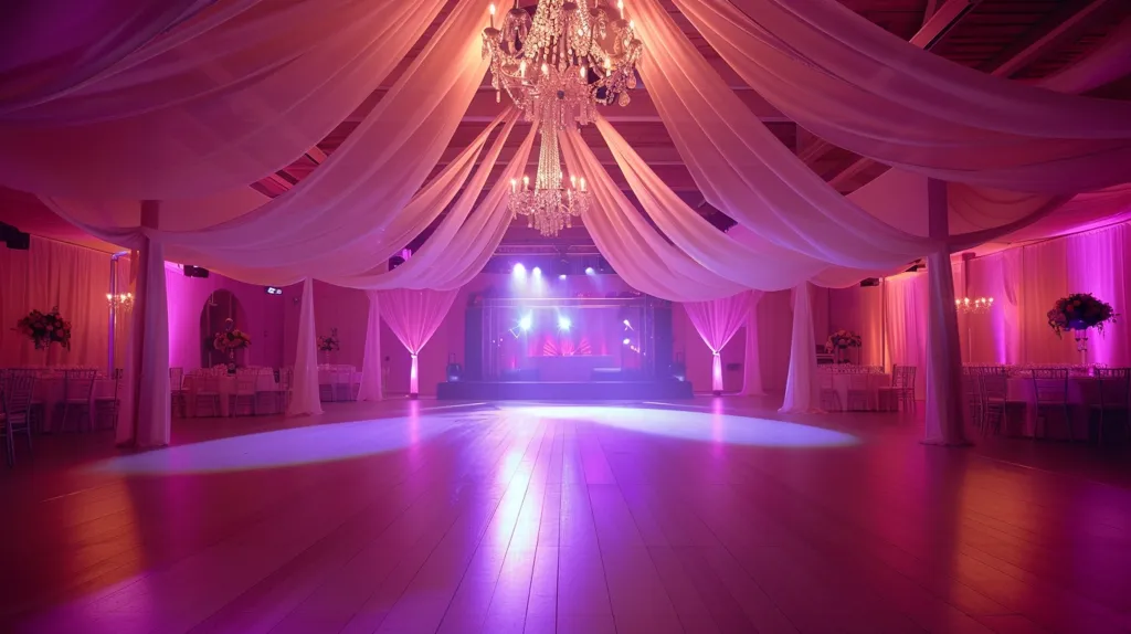 A large, empty dance floor is illuminated by pink lights, creating a romantic ambiance. The room is decorated with draped white fabric and a sparkling chandelier hangs from the ceiling. The walls are lined with white drapery, and spotlights illuminate the dance floor from the stage.