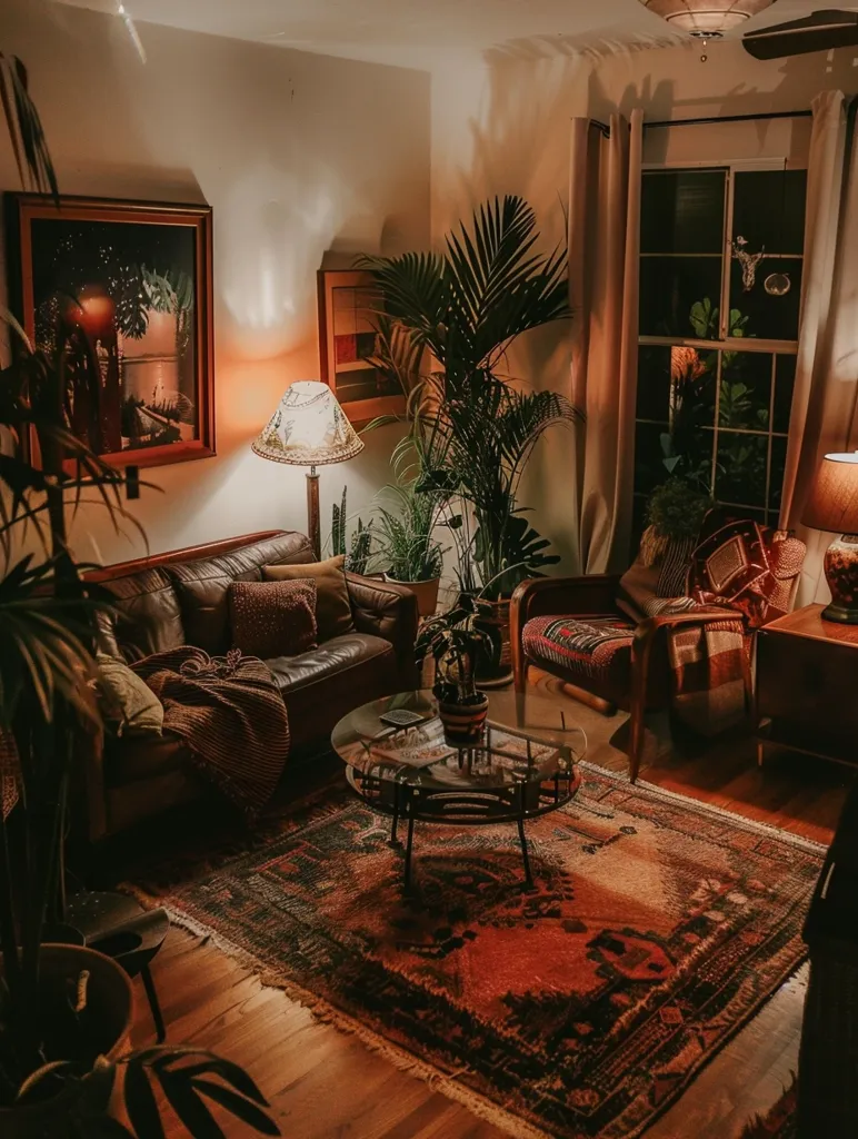 A cozy living room with warm lighting. A leather sofa is positioned in front of a large window with sheer curtains, a potted plant sits beside it. A  rug covers the floor, and a glass coffee table sits in the middle. A side table with a lamp and a chair with patterned cushions are in the background.  The overall atmosphere is calm and inviting, perfect for relaxing.