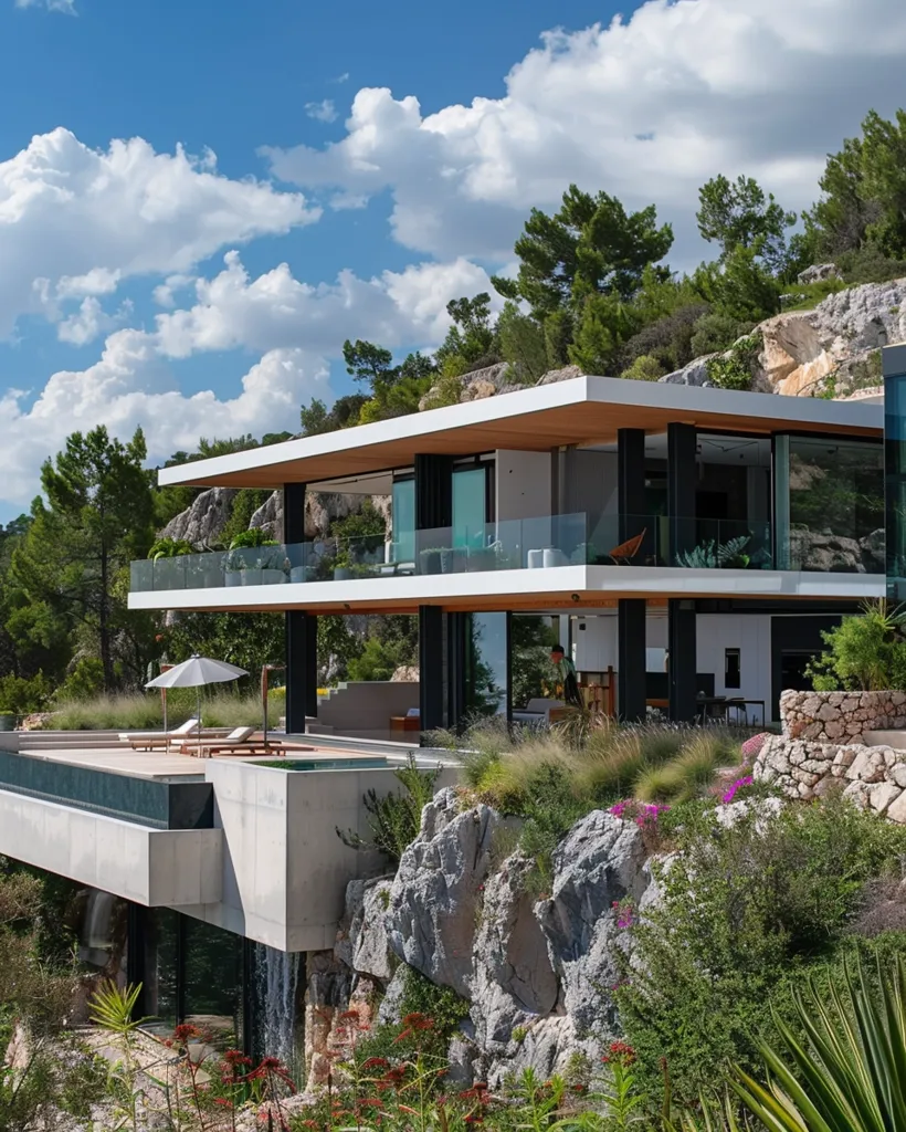 A modern, two-story house with a glass-railed balcony overlooks a lush landscape. The house is built into a rocky hillside, with a swimming pool extending out from the lower level. The sky above is a bright blue with fluffy white clouds. The house's exterior is a mix of white and wood, and there are trees and shrubs surrounding the property.  The landscape is full of green foliage and colorful flowers.  The overall atmosphere is one of tranquility and luxury.