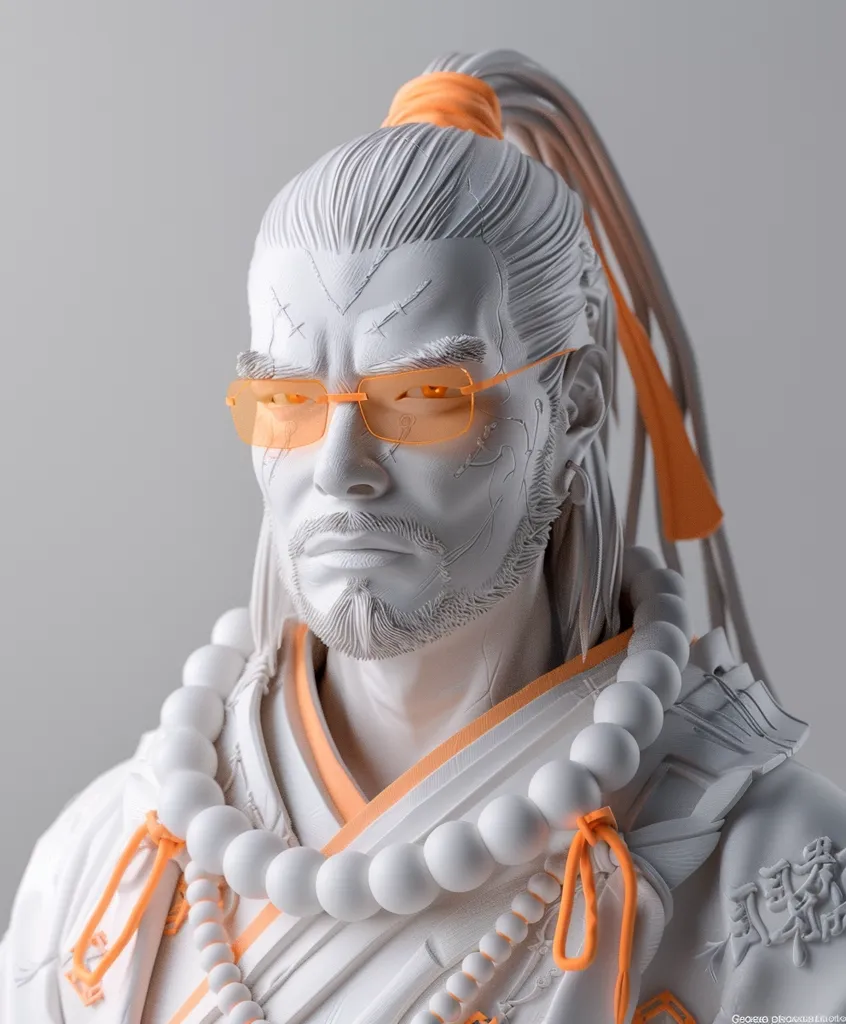 The image shows a close-up of a white, sculpted bust of a man. The man has long, white hair tied back in a ponytail with an orange ribbon. He wears orange sunglasses and a white robe with a white beaded necklace and orange accents. The sculpted details are intricate and lifelike. The background is a plain white.  The man's expression is serious.  The image is rendered in a 3D style.