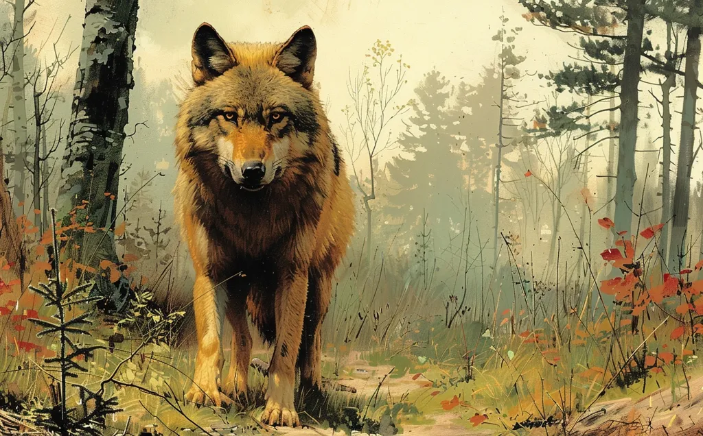 A lone wolf stands in a misty forest, its amber eyes fixed on the viewer. The wolf's fur is a mix of brown and gold, and its body is muscular and strong. The forest is thick with trees, and the ground is covered in fallen leaves. The air is thick with fog, and the scene is one of both beauty and danger. The wolf’s piercing gaze suggests it is a creature to be respected and feared.
