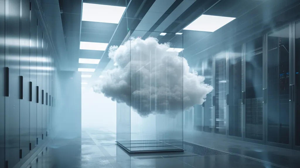 A white cloud sits inside a glass cube in the middle of a server room. The room is filled with rows of large, metal server cabinets. The lighting is dim and the air is hazy. The image is a conceptual representation of cloud computing.