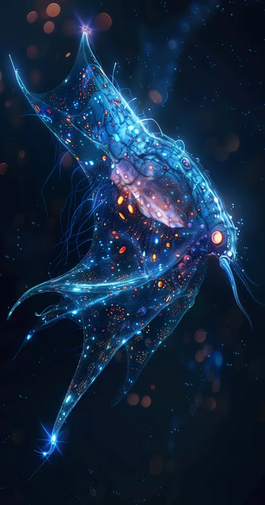 A shimmering, bioluminescent creature with a wing-like form floats in a dark, starry void. Its intricate structure glows with a vibrant blue, punctuated by flashes of orange and pink. Delicate strands of light extend from its body, creating a mesmerizing halo. The creature appears ethereal and otherworldly, as if a fragment of a distant galaxy.  The background is filled with twinkling lights, reminiscent of distant stars.  The image evokes a sense of wonder and the vastness of the cosmos.
